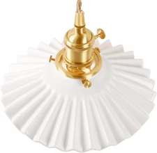Pendant Light with White Pleated Ceramic Lmapshade, Brass Vintage Pendant Light