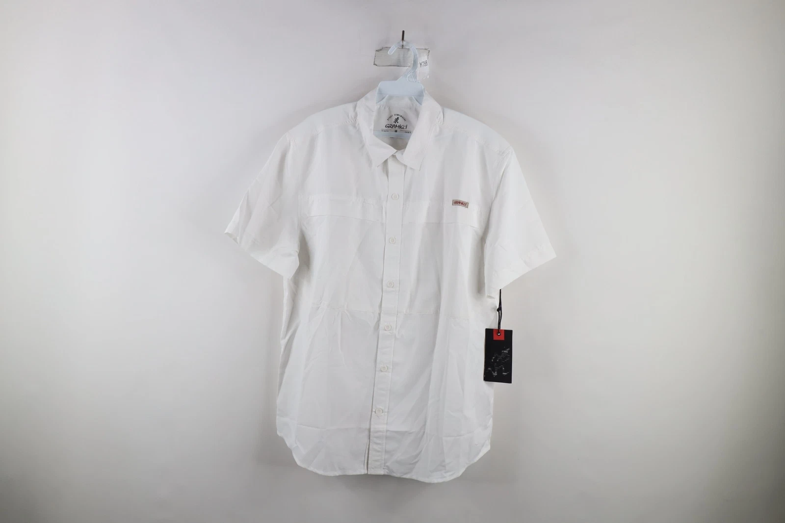New Gramicci Mens Medium Spell Out Vented Short Sleeve Hiking Button Shirt White