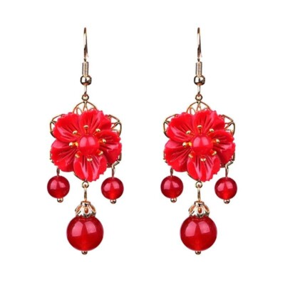 Exquisite natürliche rote Jade Blume 18 Karat vergoldet Haken Ohrringe