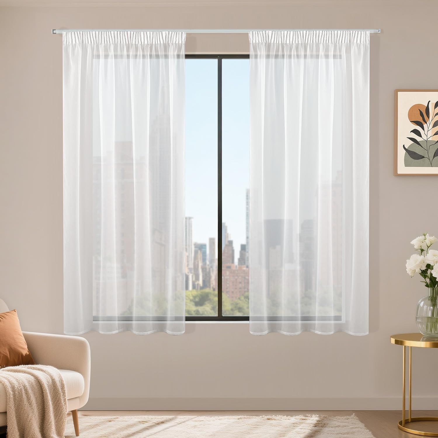 Voilage blanc galon fronceur 120x140 cm pour filtrer la lumière