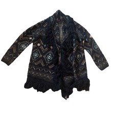 Rock N Roll Sweater Sz L Open Front Chunky knit Cardigan Fringe Boho Whimsigoth