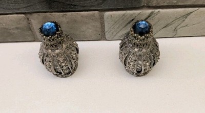  Pair Vintage IRICE Jeweled Perfume Bottles - Blue Glass Filigree -...