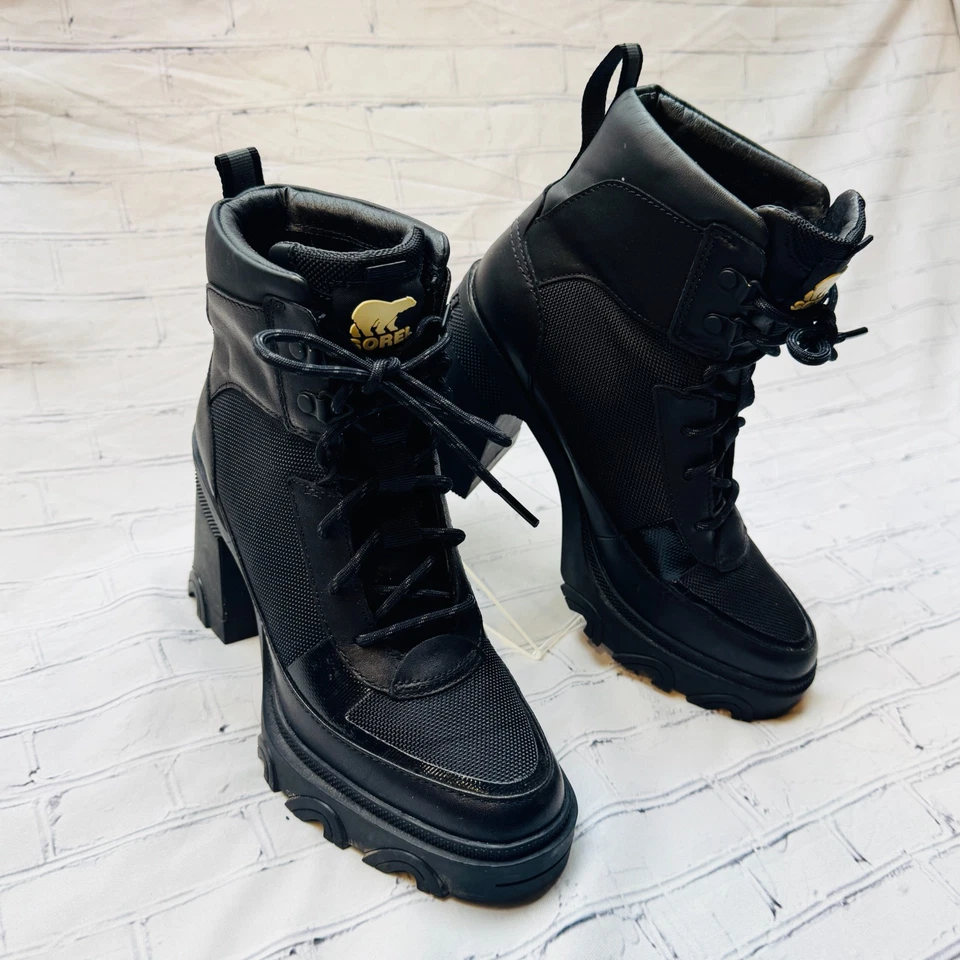 Botas de plataforma de lluvia con cordones SOREL Black Brex tacón alto suela LUG negras 6,5 37,5 Foto 2 de 4