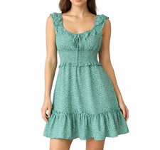 Boho Green Smocked Mini Dress Women’s Small Ruffle Tiered