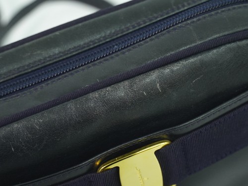 Salvatore Ferragamo Vara Leder Schultertasche Umhängetasche Navy Gold - Bild 8 von 15