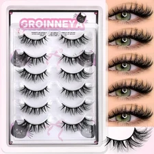 GROINNEYA Cat Eyelashes False Eyelashes Faux Mink Wispy Natural Look Lash