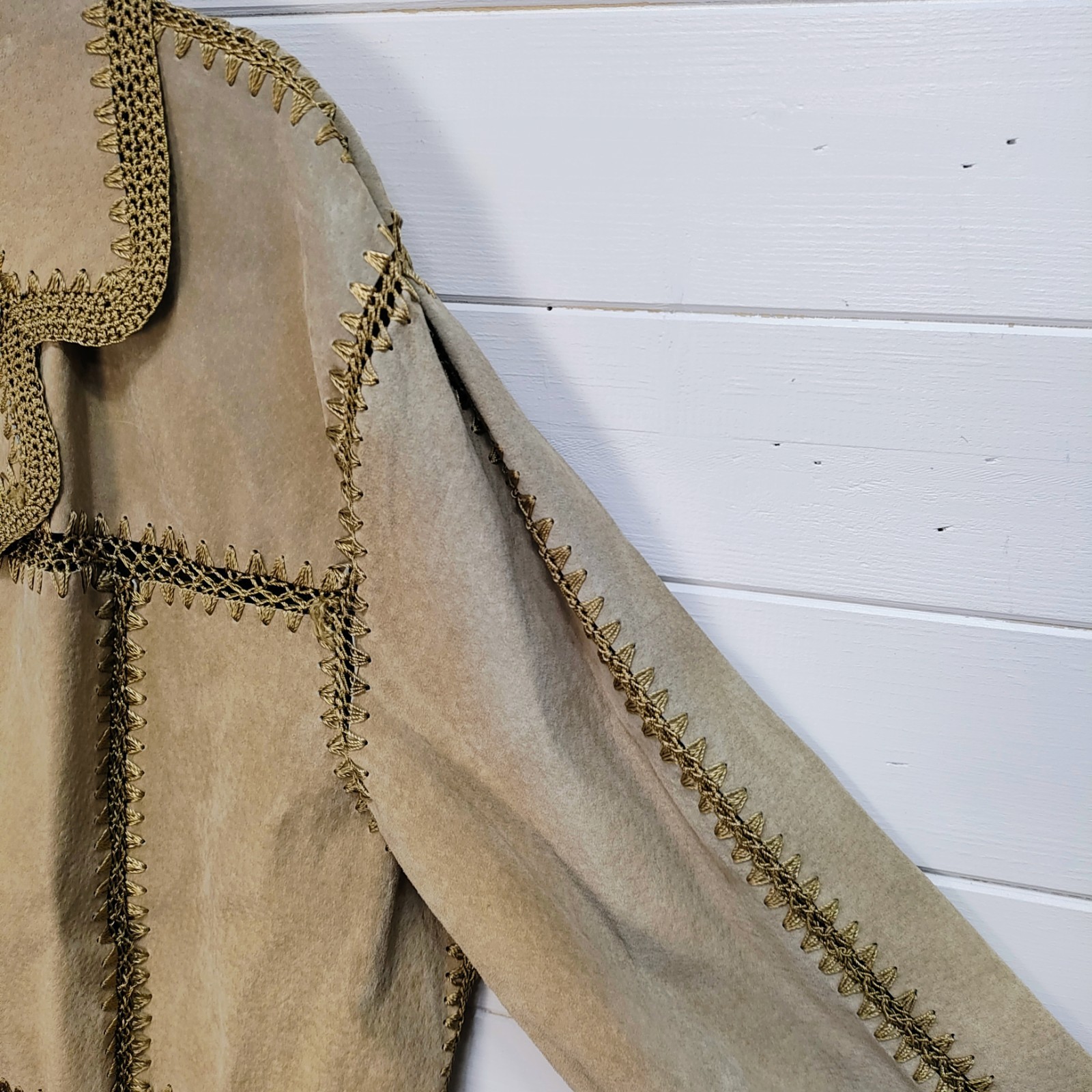 Vtg Static Suede Crochet Patchwork Jacket XL Tan … - image 4