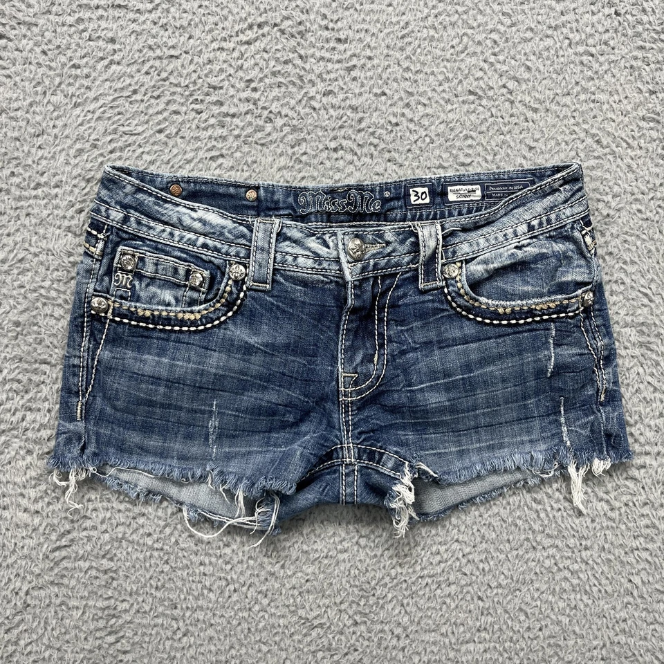 Miss Me Cutoff Shorts Womens 30 Blue Signature Rise Skinny Denim Embellished - Image 4 of 4