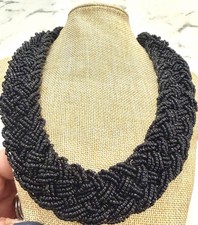 Vintage Black Seed Bead Braided Bib Collar Choker Statement Necklace