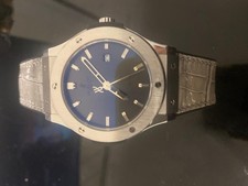 Hublot Classic Fusion Automatic Wristwatch Blue Dial Grey Leather Strap 50m