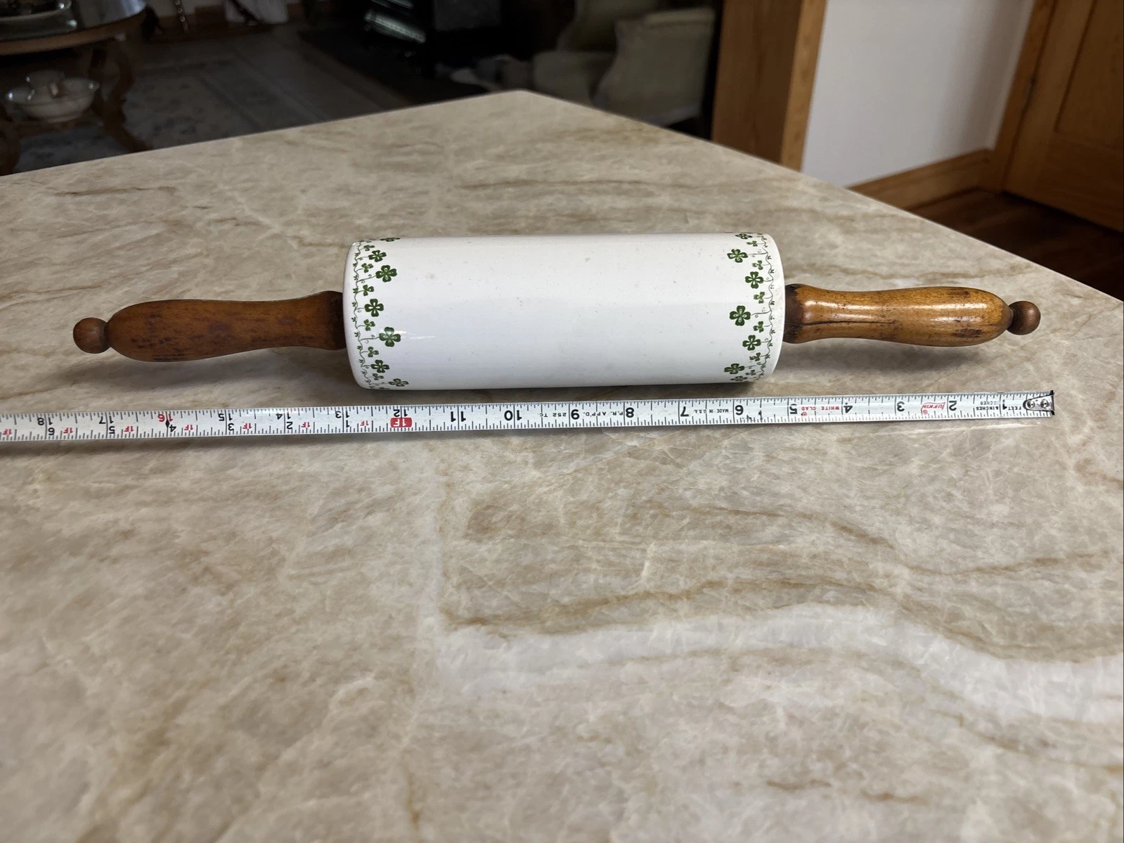 Antique Ceramic Stoneware Rolling Pin with Shamrocks Design