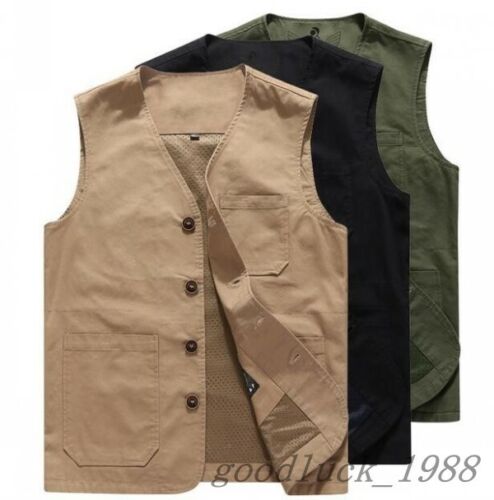 US XS-6X LMens Cotton Pockets Sleeveless Large Size Short Waistcoat Casual Vest