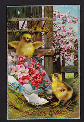 c1910 Chicks Hatching flowers Happy Easter gloss postcard