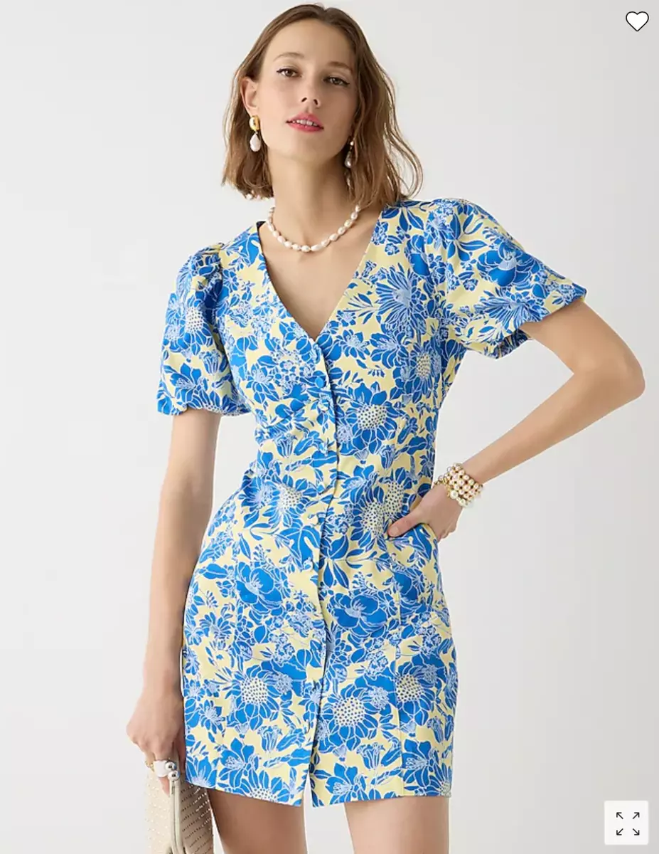 NWT J.Crew 168 Button front puff sleeve mini dress in blue floral