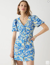 NWT J.Crew $168 Button-front puff-sleeve mini dress, blue floral twill, Sz 4, 6