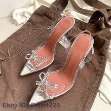 Womens Summer PVC Clear Bow Pointed Toe Sandals Rhinestone High Heels Shoes HOT
