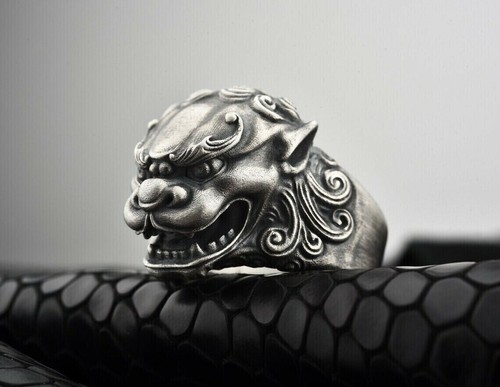 Wonderful Foo Dog Guardian Lion Animal Jungle Men's Biker Rider Silver ...