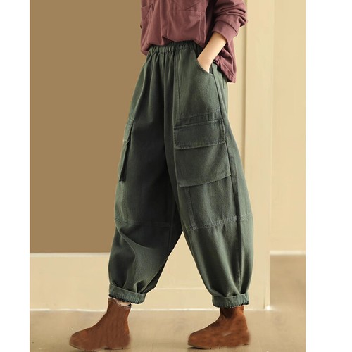 Womens Cotton Loose Cargo Pants Overalls Pockets Elastic Waist Casual Trousers - Picture 1 of 16