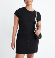 MADEWELL WOMEN'S BLACK SHORT SLEEVE BUTTON FRONT RIBBED MINI DRESS Sz XXL