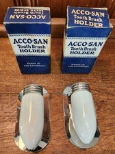 2 NOS Vtg Antique Acco-San Toothbrush Holders Wall Mounted Milk Glass Ground Lip