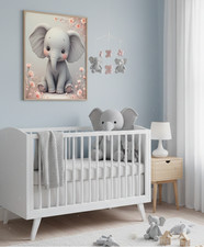 Baby Elephant Nursery Poster - Cute Floral Rolled Wall Art
