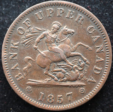 KAPPYSCOINS GH631 BANK OF UPPER CANADA 1857 ONE PENNY TOKEN VF