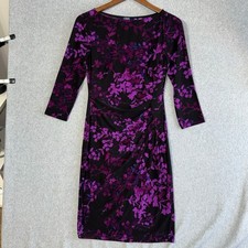 Chaps Womens Dress Black Purple Floral Print 3/4 Sleeve Ruched Midi S