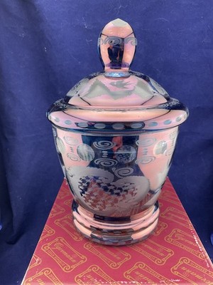 vintage iridescent blue Czech Egerman hand engraved candy jar