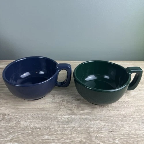 Frankoma Pottery Soup Mugs Set of 2 Bowls Navy Blue Forest  Green 4SC