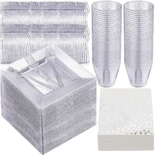 400 Pcs Glitter Dinnerware Set 100 Guests - Square Clear Glitter Plastic Plat...