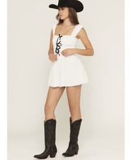Show Me Your MuMu Mable White Smocked Mini Dress with Black Lace-Up Front L