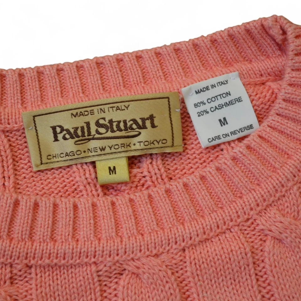 y2k Paul Stuart $795 pastel pink cotton cashmere cable knit crewneck sweater M - Image 3 of 4