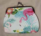Pink Flamingos Change Purse Coin Bag Tropical Palm Fronds