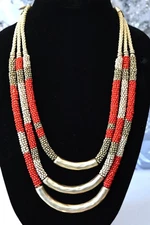 Chico's Necklace Red Gold Beaded Layered Great for 49er Fans! 20 - 24"