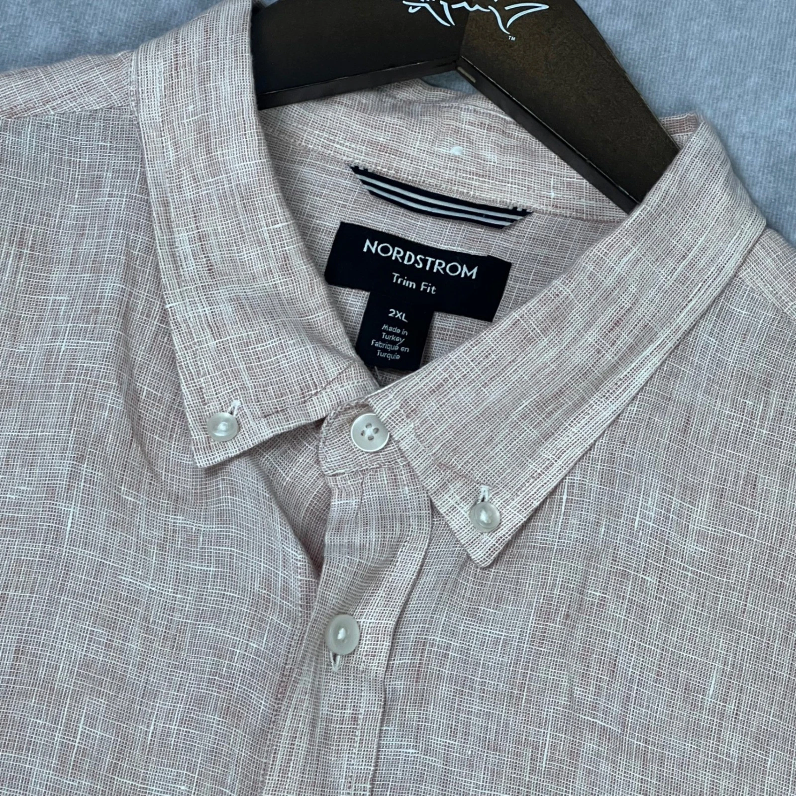 Nordstrom Trim Fit Mens 2XL Linen Short Sleeve Button Down Shirt Pink
