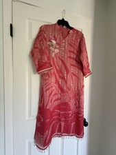 Women s indian Kameez pant Set Pink Chiffon Embroidered Beaded M-L