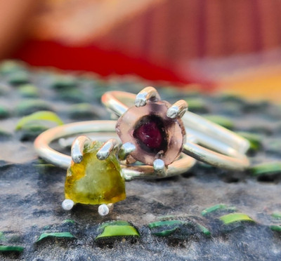 Watermelon pink and green Tourmaline Sterling Silver Adjustable Ring bio color