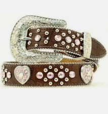 Nocona Western Belt Girls Leather Crystal Heart Mocha Pink N4425202
