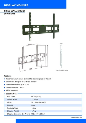 Fixed TV Wall Mount Slim Bracket TV LCD LED PLASMA 32 37 42 46 50 52 55 57 60 65 - Picture 2 of 5