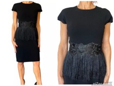 RICKIE FREEMAN TERI JON BLACK SHEATH DRESS CAP SLEEVE FLORAL APPLIQUE FRINGE 2