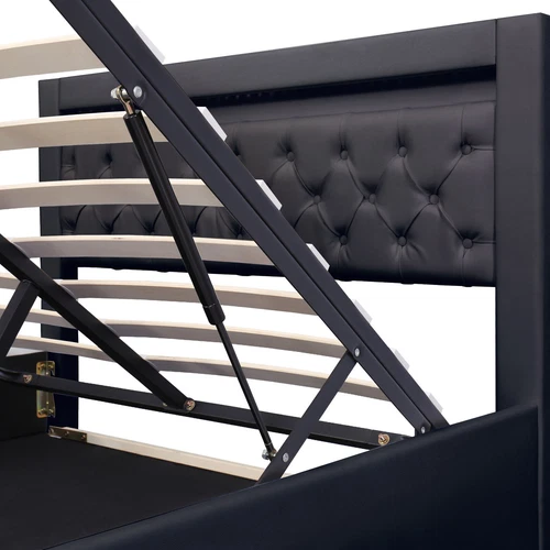 LED Light Functional Upholstered Bed with Slatted Frame and Storage Space - Picture 20 of 26