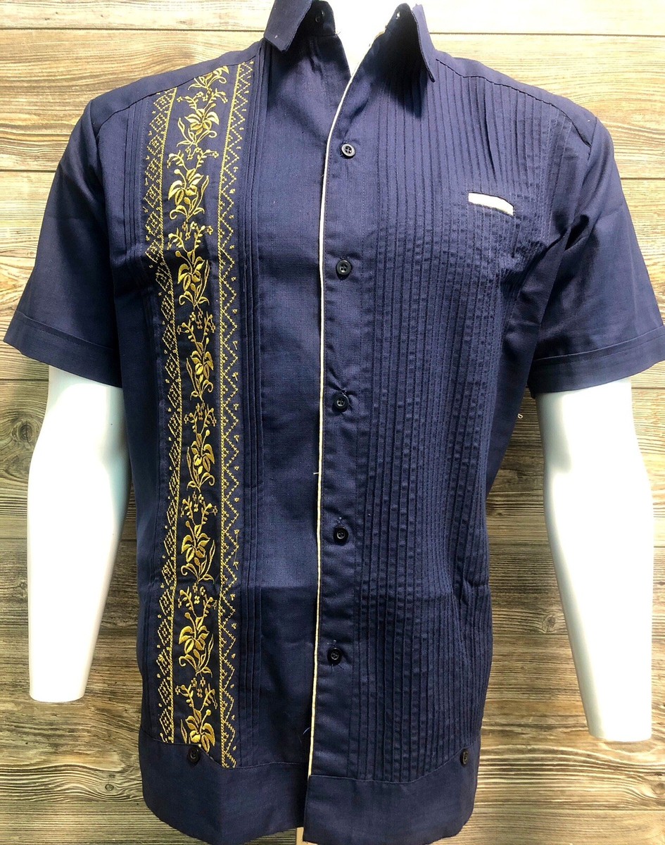 Men's Mexican Guayabera Shirt Navy Blue Short Sleeve Gold