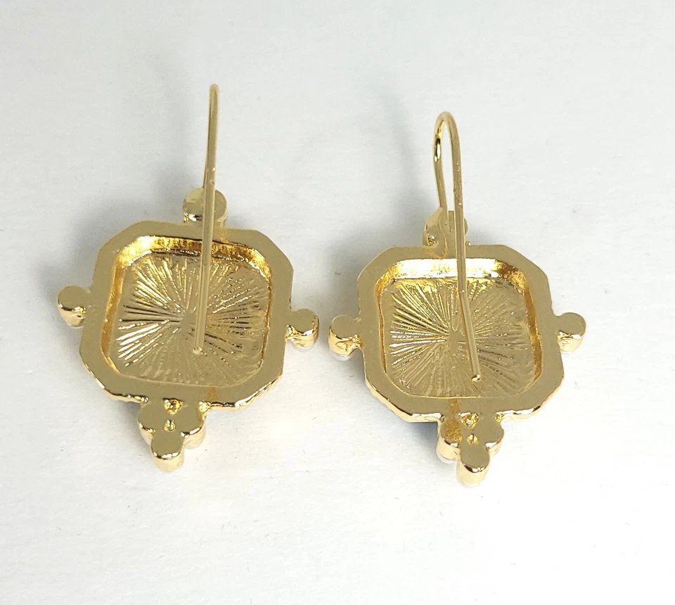 Pendientes Intaglio Vintage Estilo Art Deco Cuadrados Azul Biselado Semilla Perla Acentos Foto 4 de 4