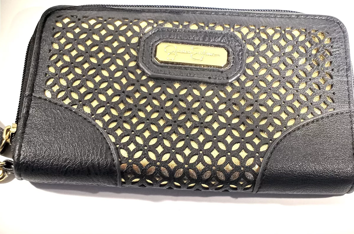 Jessica Simpson Wallet Black Gold Zip Around Cheetah Lined Cut Out Etched  Design | eBay