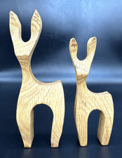 2 Hand Carved Christmas Wooden Reindeer Deer Holiday Figurines