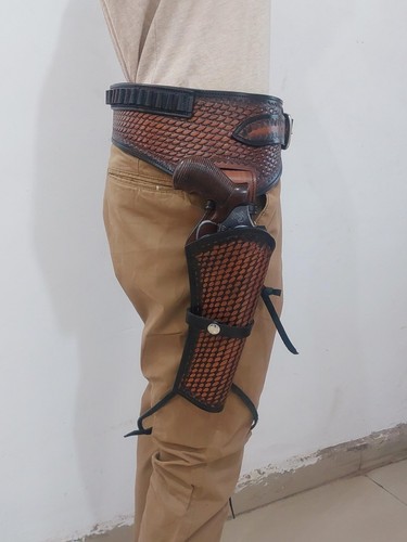 Western Gun Holster Belt Genuine Leather Revolver Pistol .22 .35/357 .44/45 Cal - Picture 4 of 11