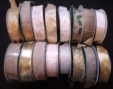 CHRISTMAS WIRED EDGE EDGED RIBBON 38MM 1.5 INCH WIDE GOLD/ BROWN / HESSIAN