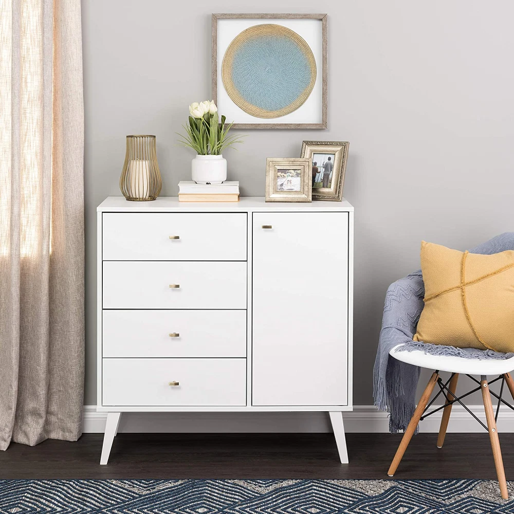 Prepac Milo Mid Century Modern Chest with Door 4 Drawer White eBay