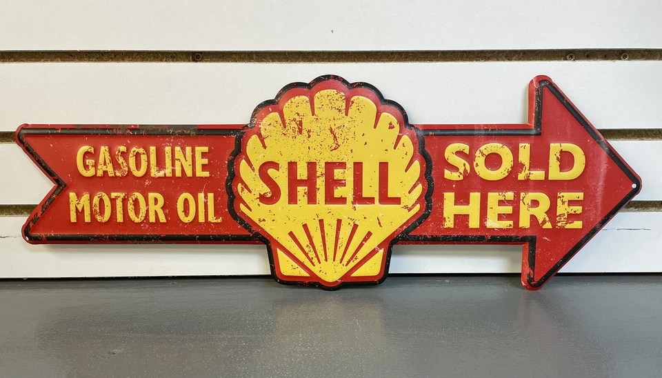 24" Reproduction Shell Gasoline SOLD HERE Gas Station Motor Oil ARROW Metal Sign - Image 2 of 4
