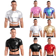 Mens Crop Top Costume Tank Metallic T-Shirt Fashion Undershirts Dance Dancewear